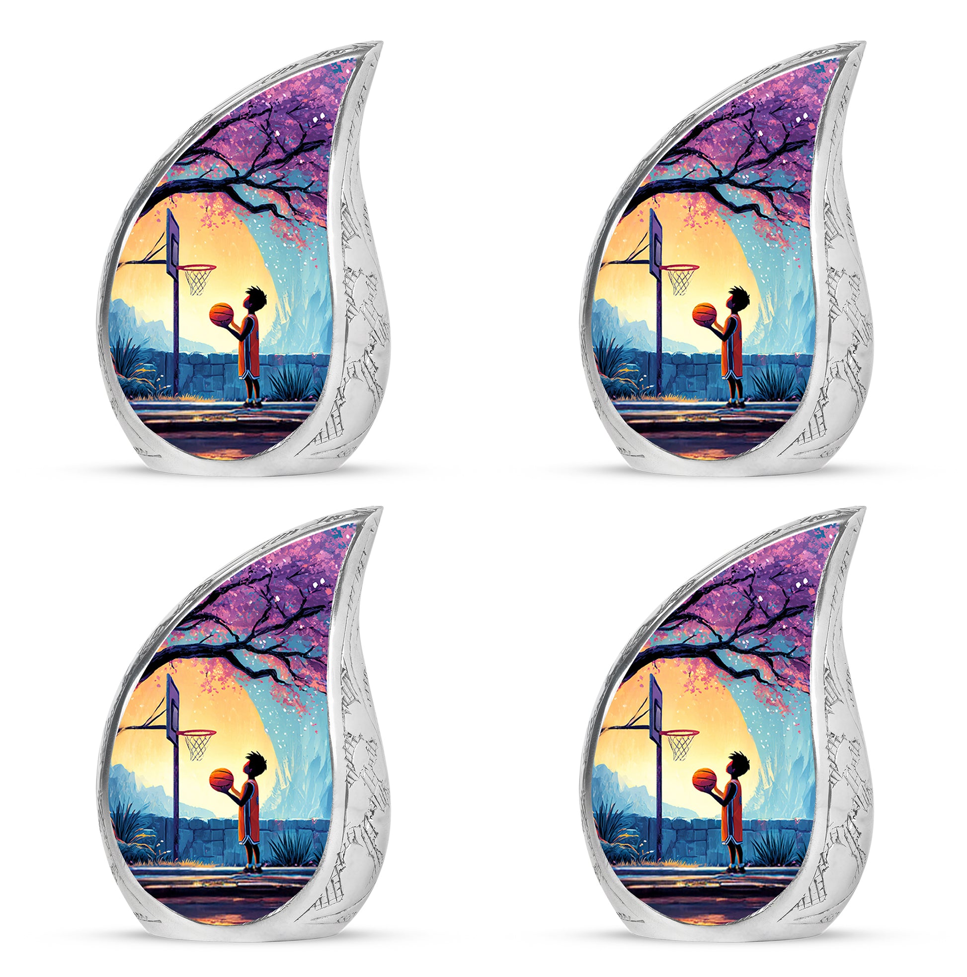 Sky Blue Basketball Cremation Urn close-up of engraving and surface detail - flowing teardrop basketball silhouette on curved aluminum - 10 inch aluminum urn for cremated remains