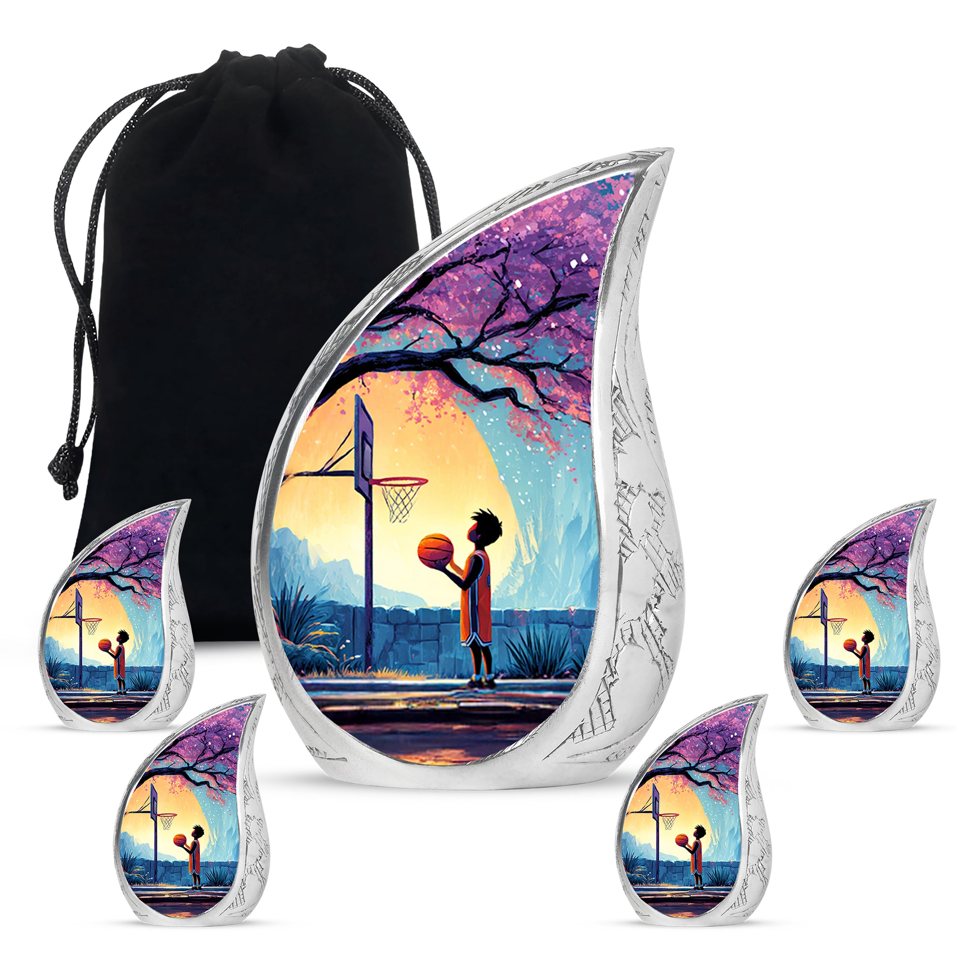Royal Blue Basketball Cremation Urn side profile showing urn shape - smooth teardrop contour featuring basketball art - memorial set with one large and four small urns