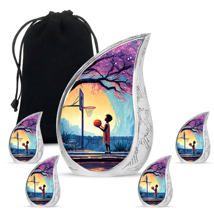 Royal Blue Basketball Cremation Urn side profile showing urn shape - smooth teardrop contour featuring basketball art - memorial set with one large and four small urns
