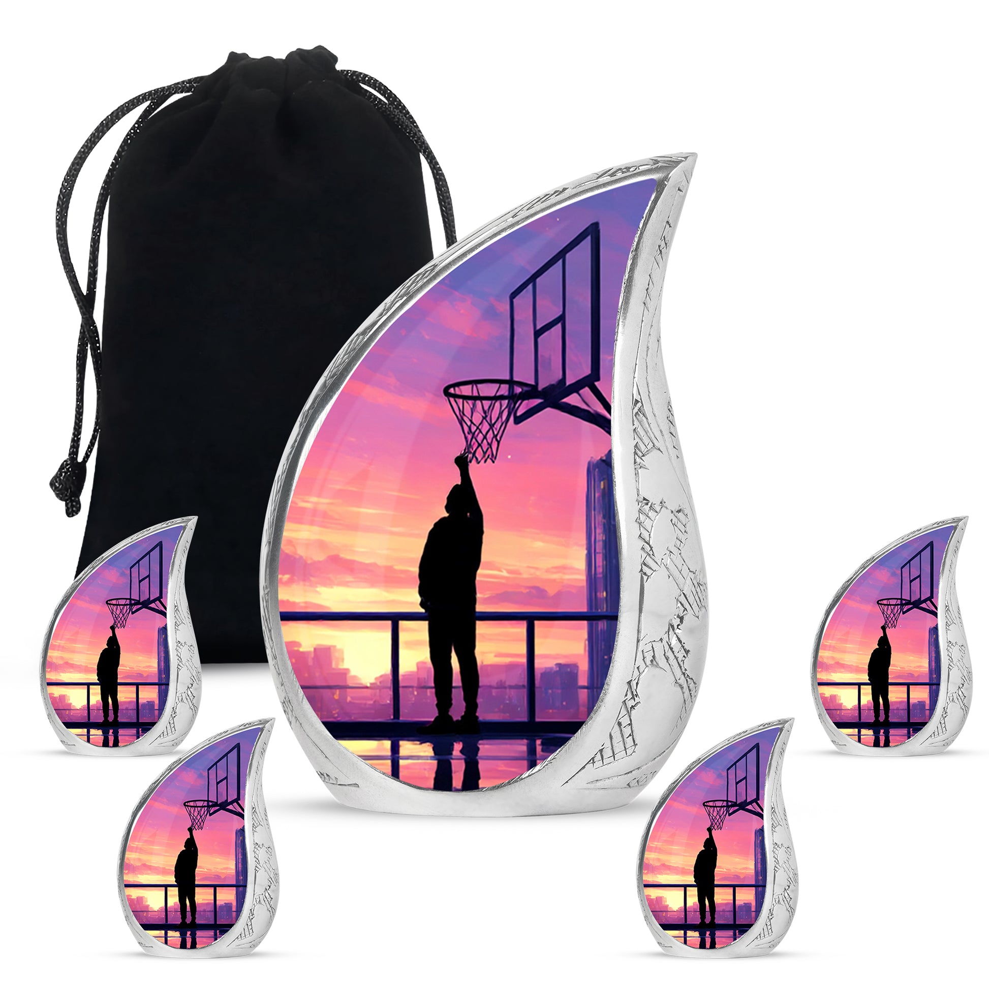 Dusty Blue Basketball Cremation Urn side profile showing urn shape - flowing teardrop basketball silhouette on curved aluminum - memorial set with one large and four small urns