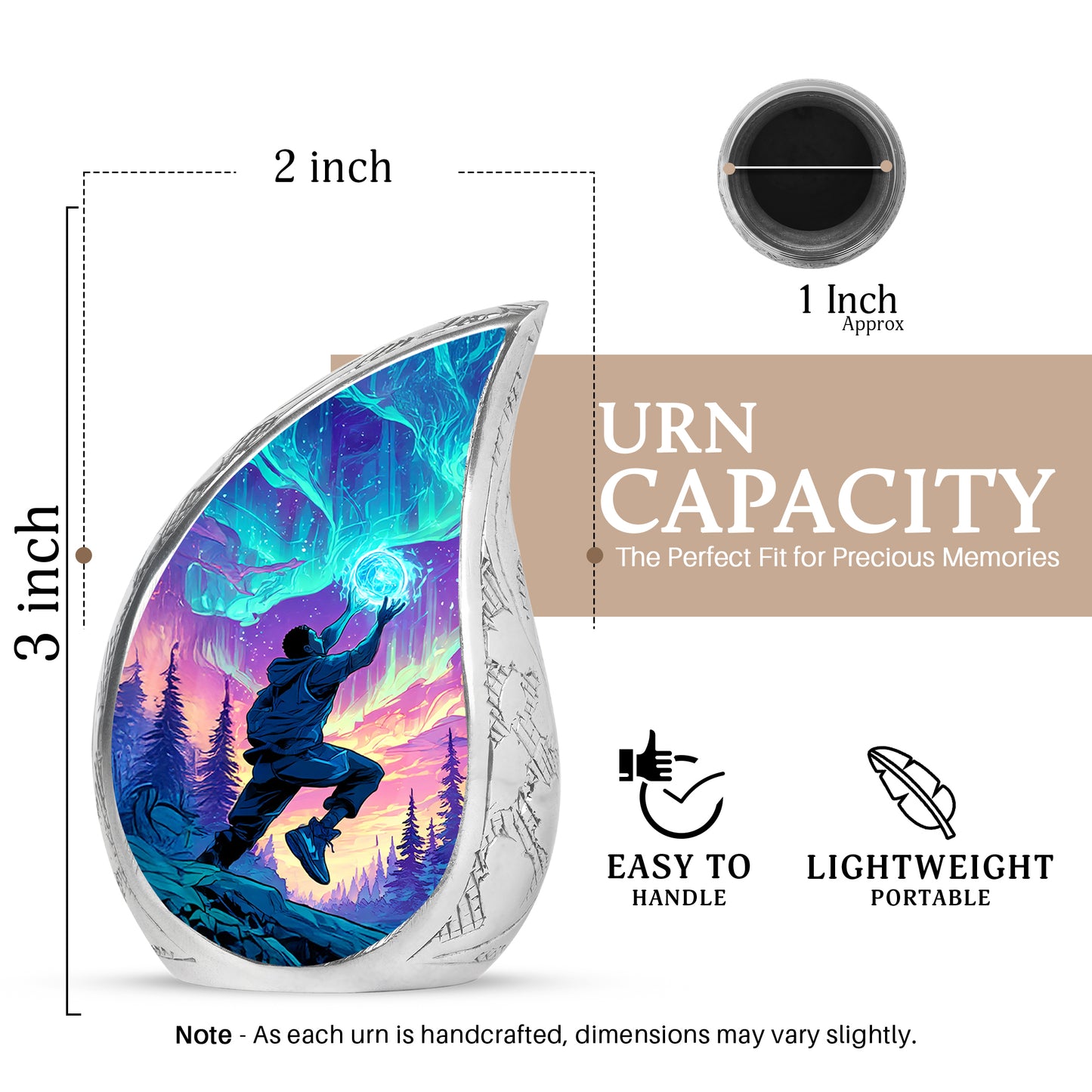 Serene Blue Basketball Cremation Urn angled view of lid and engraved motif - graceful tear-shaped urn with basketball motif - mini keepsake memorial for portion of cremation ashes