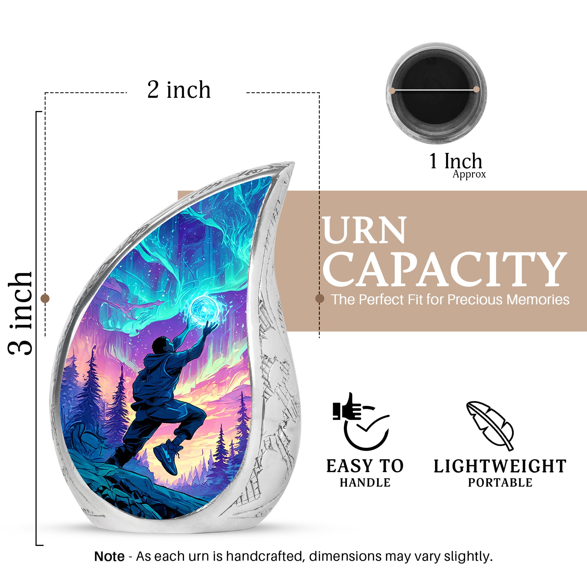 Serene Blue Basketball Cremation Urn angled view of lid and engraved motif - graceful tear-shaped urn with basketball motif - mini keepsake memorial for portion of cremation ashes