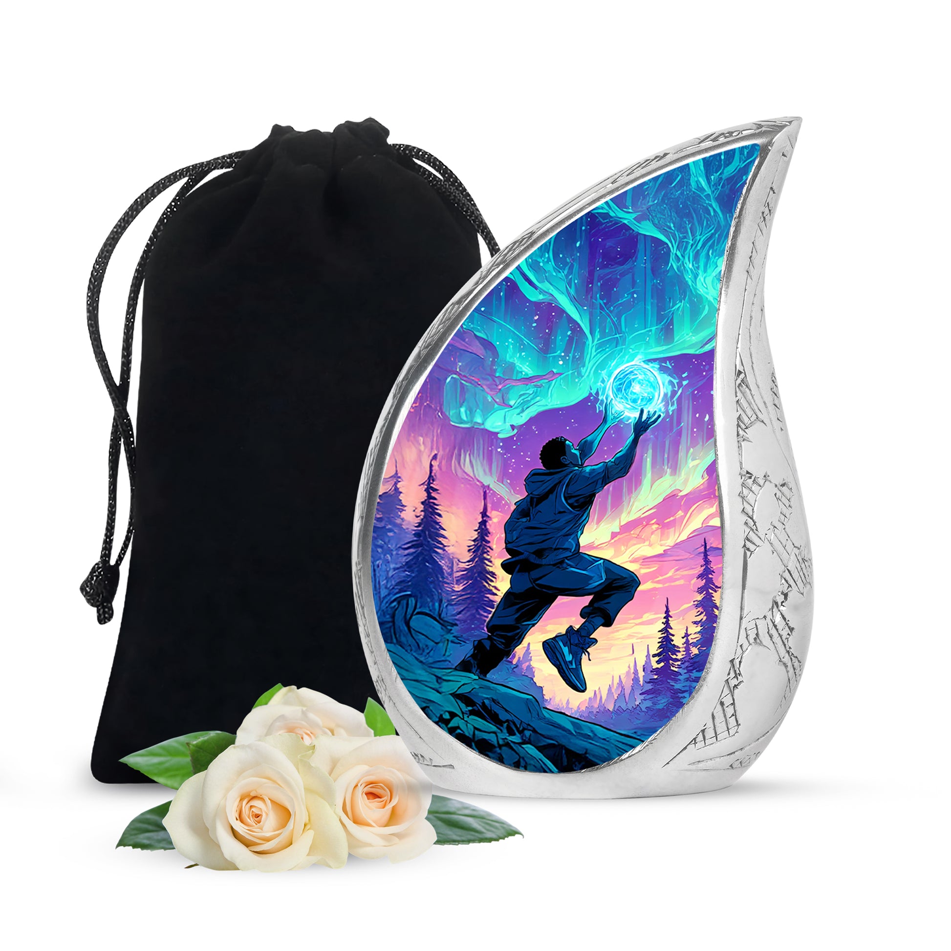 Bright Blue Basketball Cremation Urn front view showing detailed design - smooth teardrop contour featuring basketball art - full-size 10 inch 200 cubic inch adult cremation urn