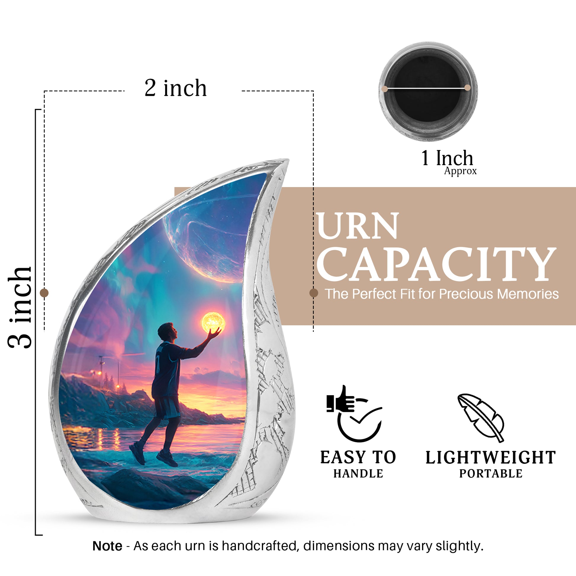 Slate Blue Basketball Cremation Urn angled view of lid and engraved motif - flowing teardrop basketball silhouette on curved aluminum - mini keepsake memorial for portion of cremation ashes