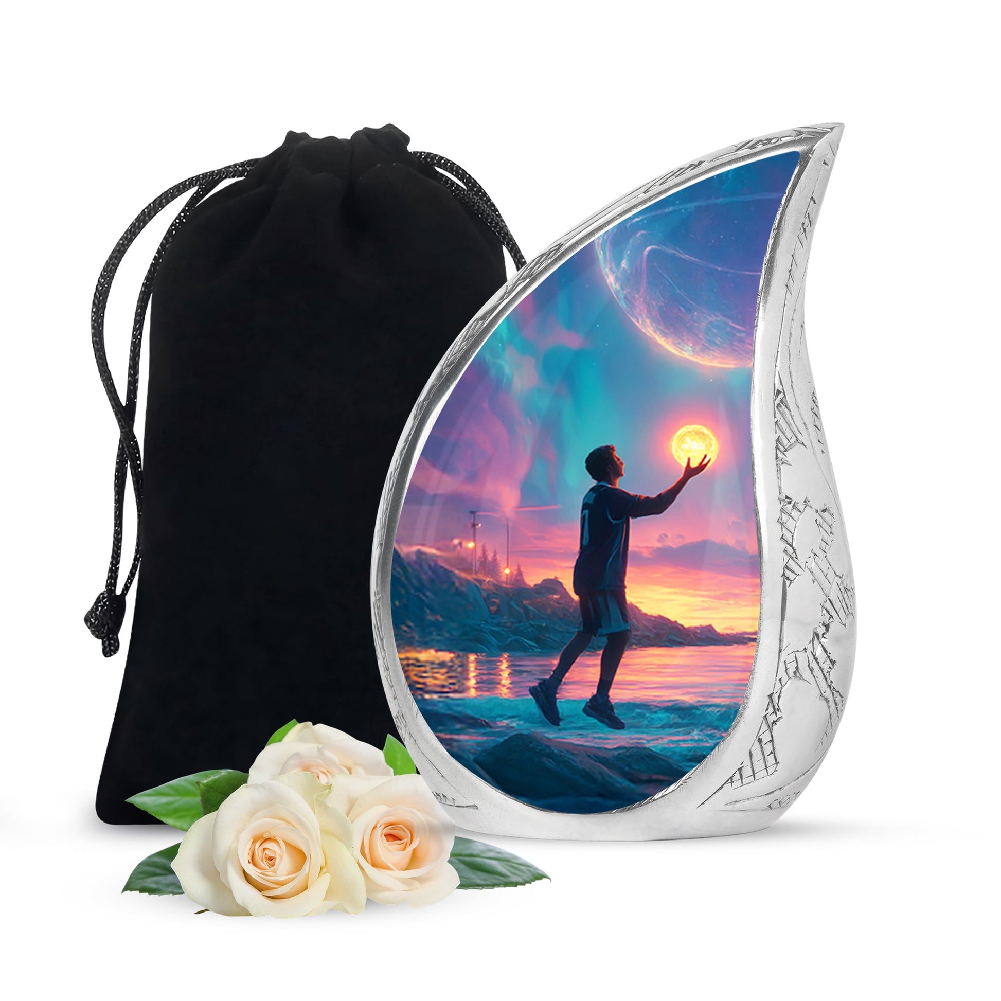 Cornflower Blue Basketball Cremation Urn front view showing detailed design - smooth teardrop contour featuring basketball art - full-size 10 inch 200 cubic inch adult cremation urn