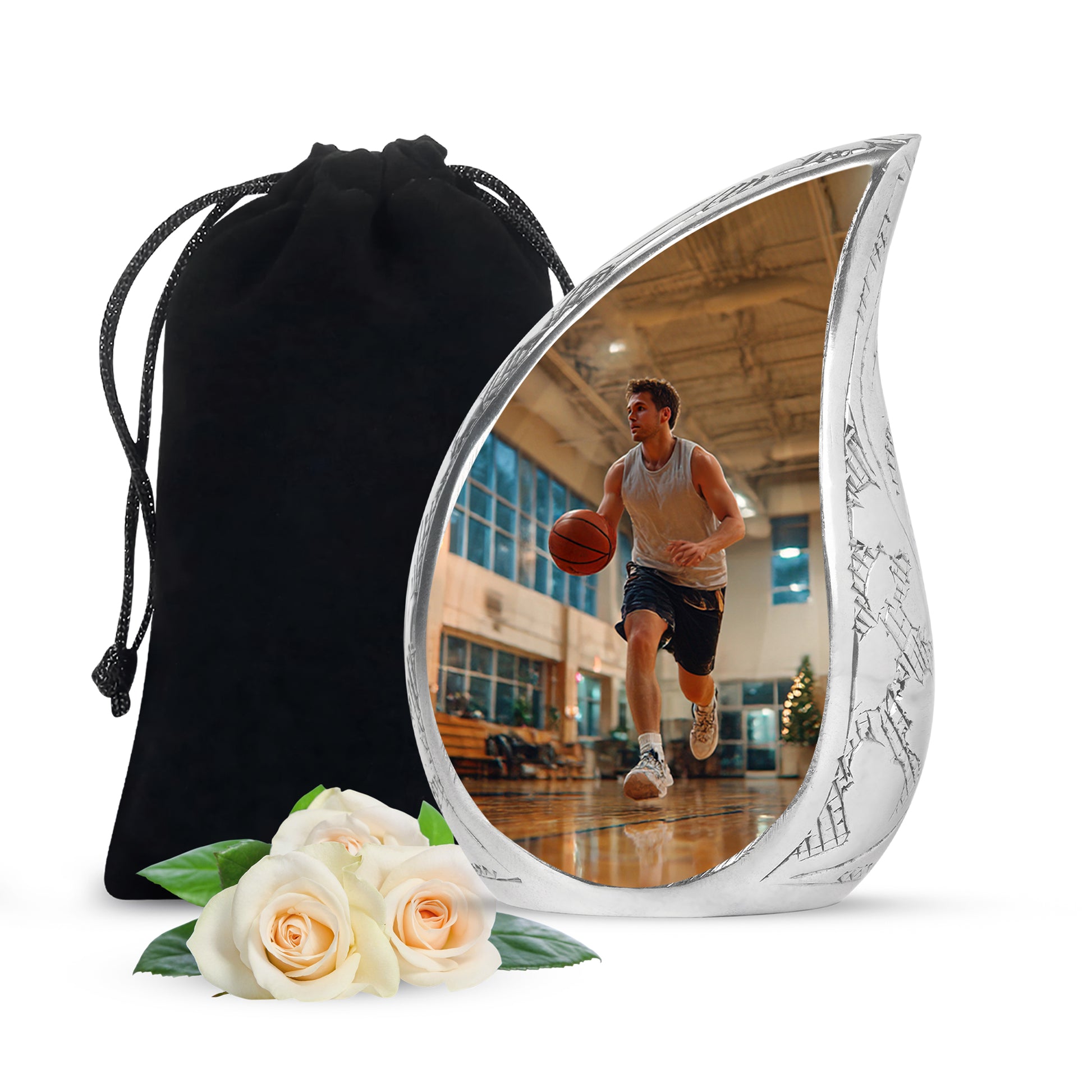 Warm Gold Basketball Cremation Urn front view showing detailed design - graceful tear-shaped urn with basketball motif - full-size 10 inch 200 cubic inch adult cremation urn
