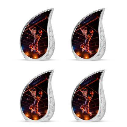 Deep Black Basketball Cremation Urn close-up of engraving and surface detail - flowing teardrop basketball silhouette on curved aluminum - 10 inch aluminum urn for cremated remains