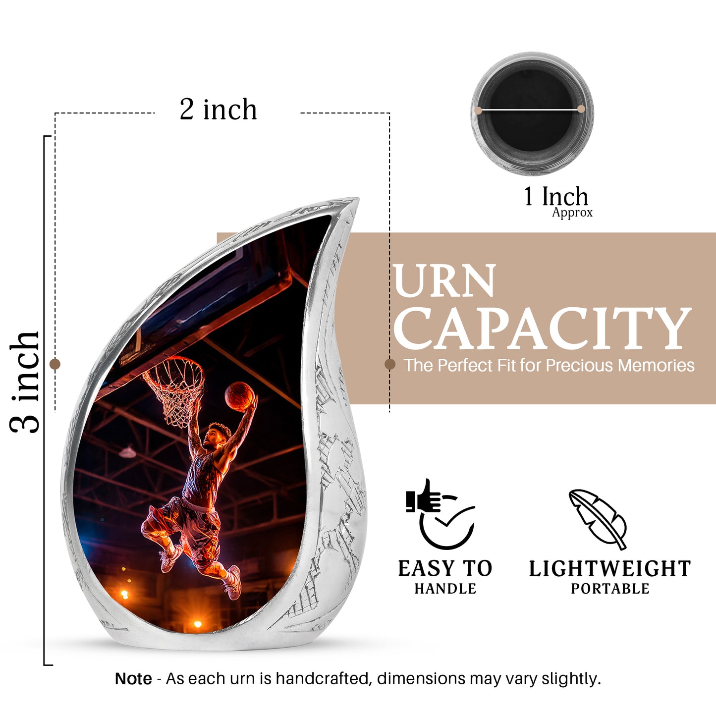 Dark Black Basketball Cremation Urn angled view of lid and engraved motif - graceful tear-shaped urn with basketball motif - mini keepsake memorial for portion of cremation ashes
