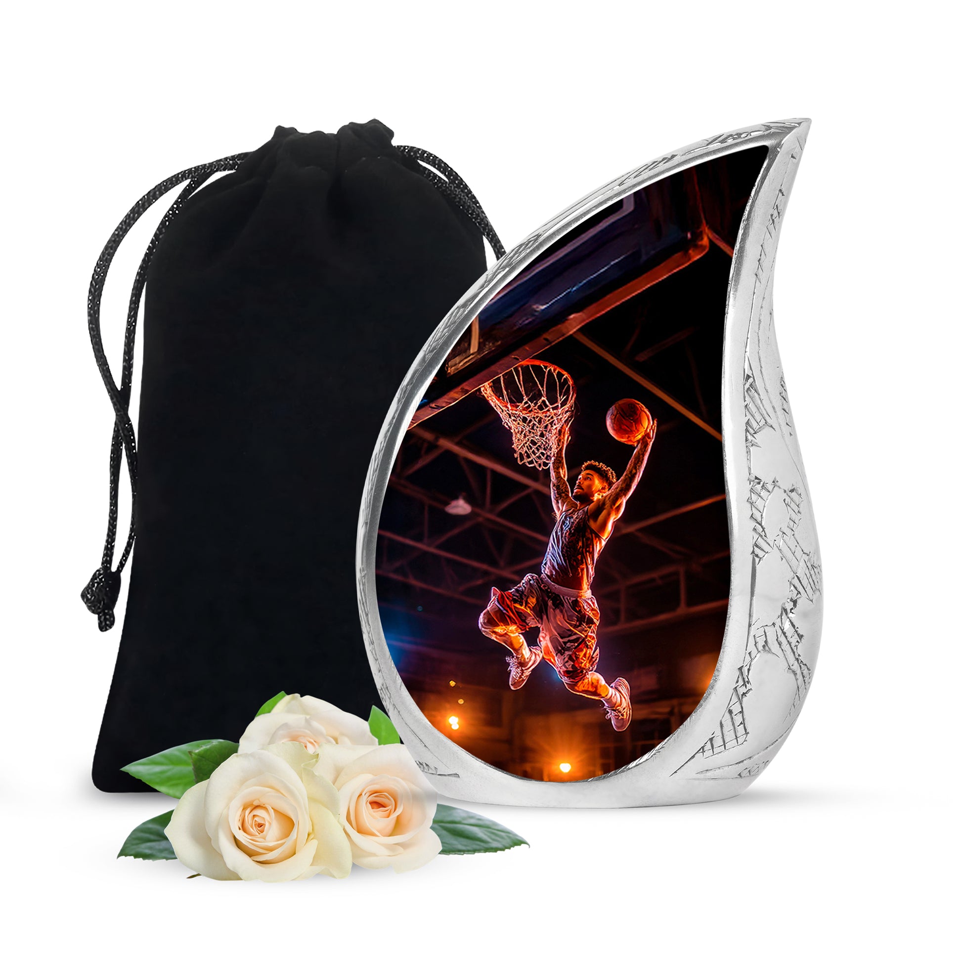 Midnight Black Basketball Cremation Urn front view showing detailed design - graceful tear-shaped urn with basketball motif - full-size 10 inch 200 cubic inch adult cremation urn