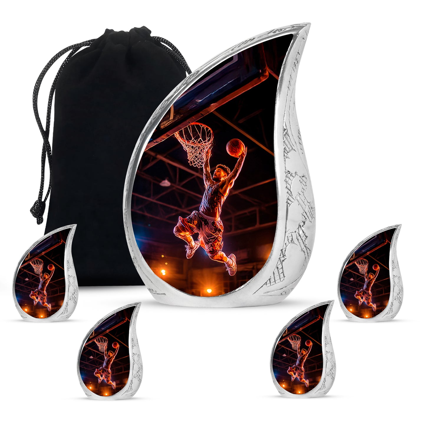 Ebony Basketball Cremation Urn side profile showing urn shape - rounded teardrop basketball design with delicate detail - memorial set with one large and four small urns