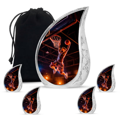 Ebony Basketball Cremation Urn side profile showing urn shape - rounded teardrop basketball design with delicate detail - memorial set with one large and four small urns
