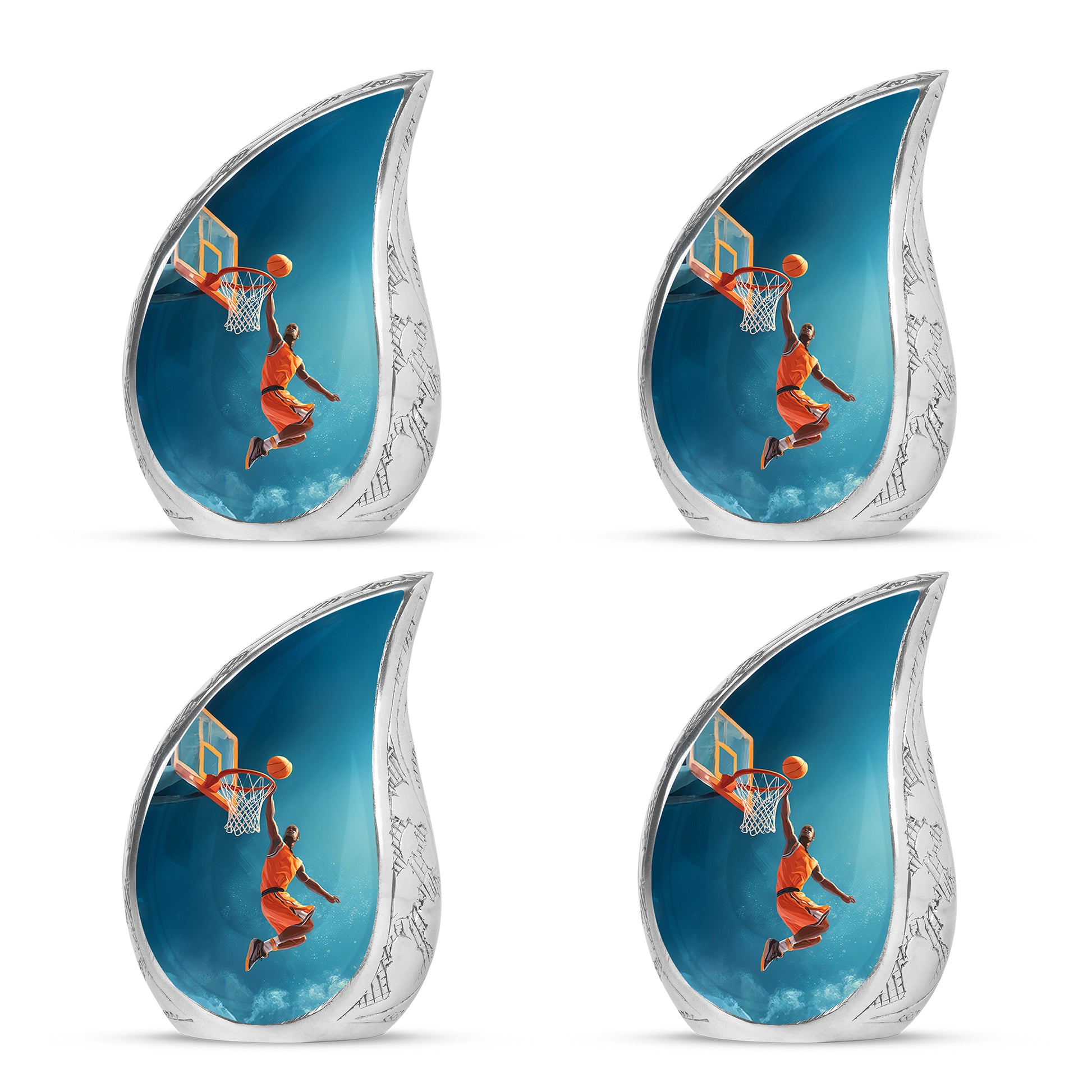 Steel Blue Basketball Cremation Urn close-up of engraving and surface detail - smooth teardrop contour featuring basketball art - 10 inch aluminum urn for cremated remains
