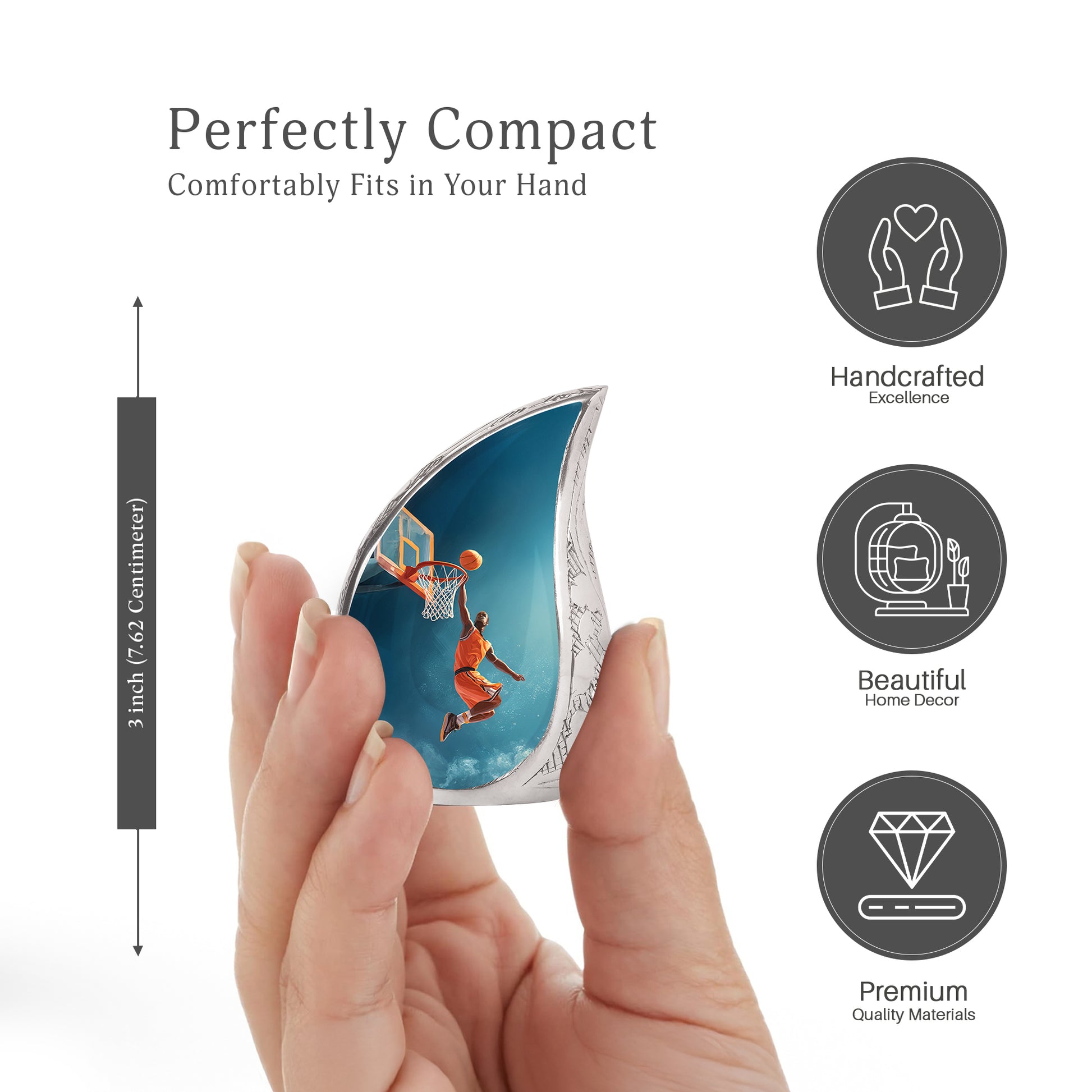 Serene Blue Basketball Cremation Urn angled view of lid and engraved motif - smooth teardrop contour featuring basketball art - mini keepsake memorial for portion of cremation ashes