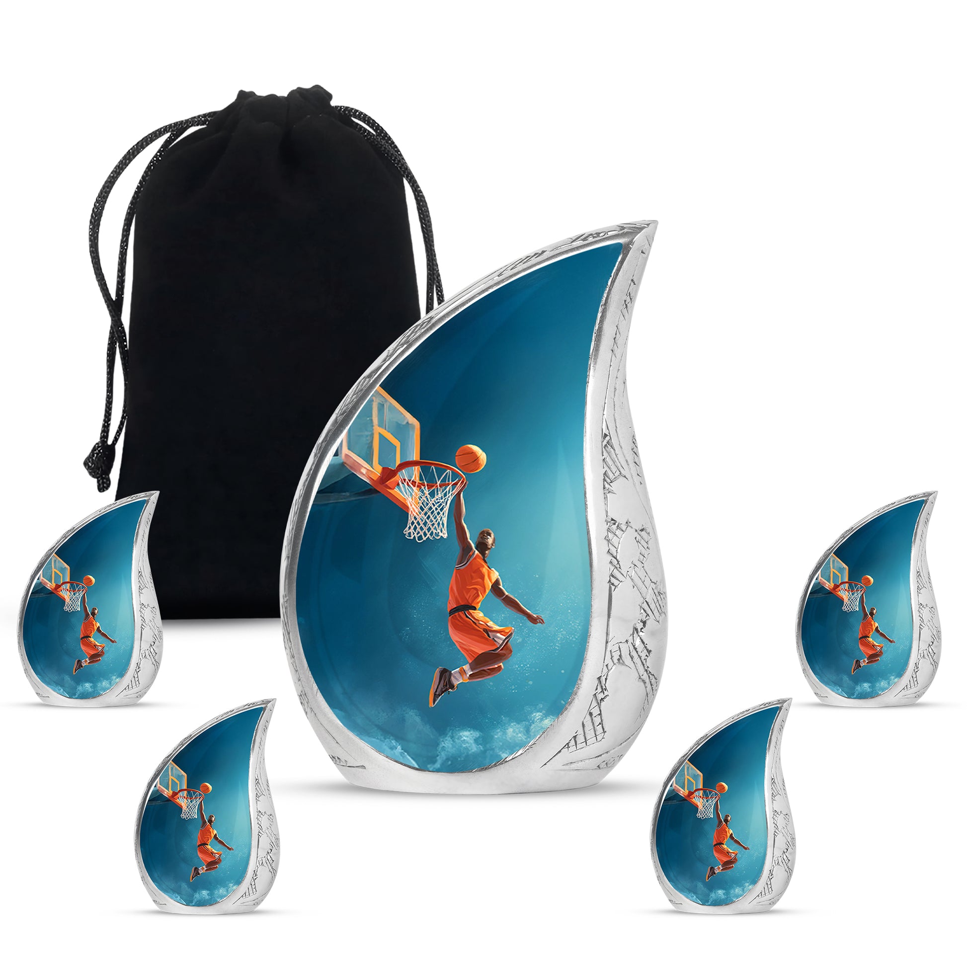 Serene Blue Basketball Cremation Urn side profile showing urn shape - graceful tear-shaped urn with basketball motif - memorial set with one large and four small urns