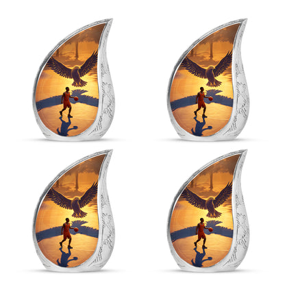 Warm Gold Basketball Cremation Urn close-up of engraving and surface detail - graceful tear-shaped urn with basketball motif - 10 inch aluminum urn for cremated remains