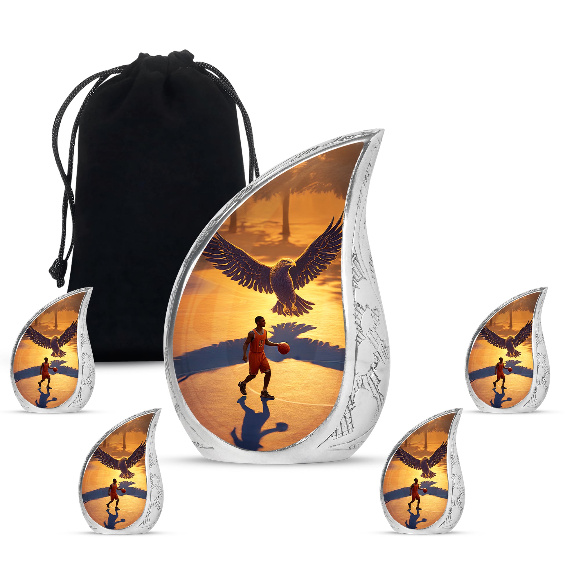 Burnished Gold Basketball Cremation Urn side profile showing urn shape - graceful tear-shaped urn with basketball motif - memorial set with one large and four small urns