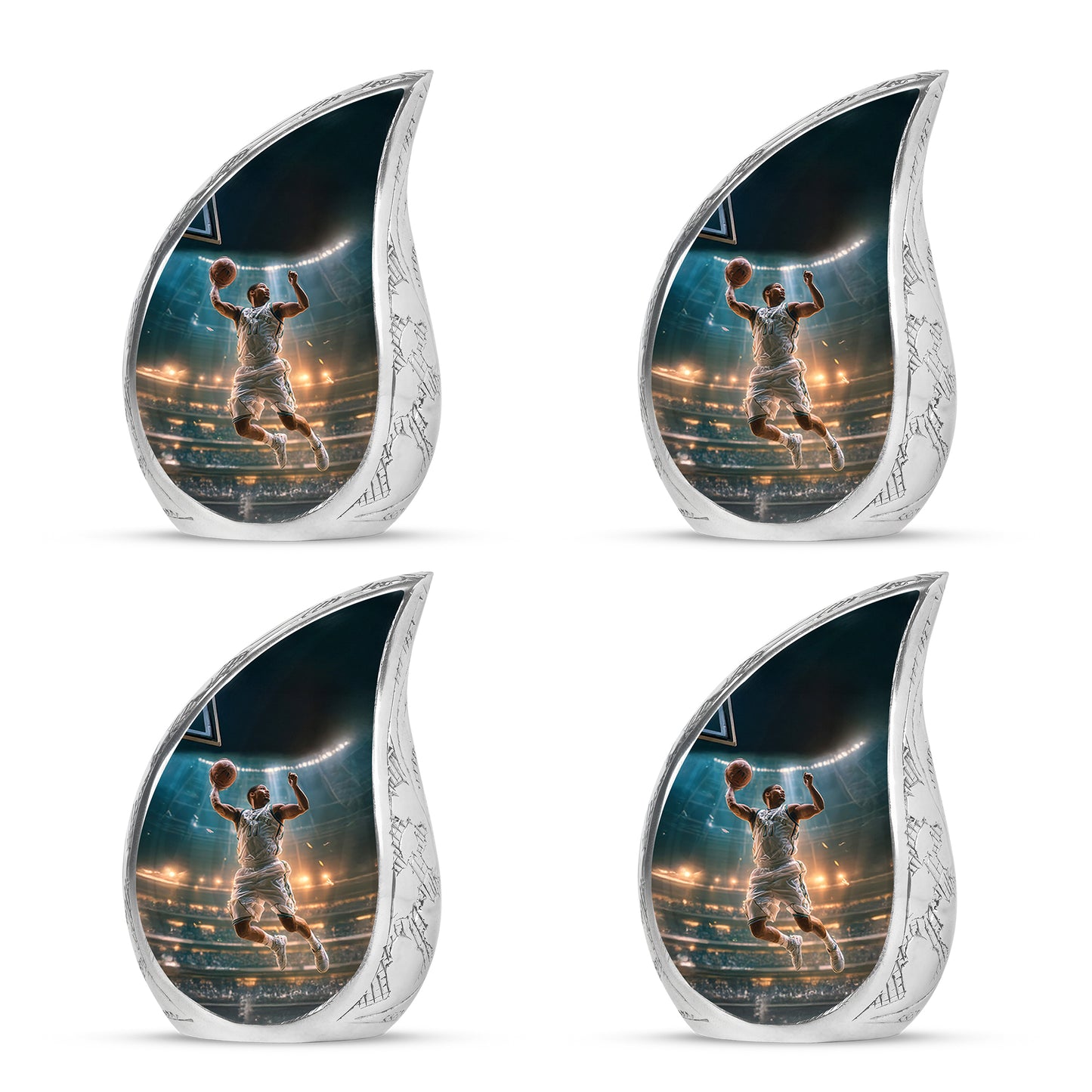 Deep Teal Basketball Cremation Urn close-up of engraving and surface detail - smooth teardrop contour featuring basketball art - 10 inch aluminum urn for cremated remains