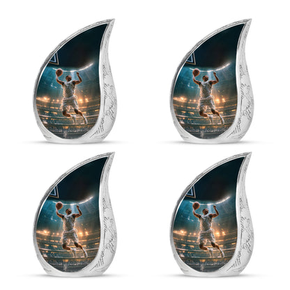 Deep Teal Basketball Cremation Urn close-up of engraving and surface detail - smooth teardrop contour featuring basketball art - 10 inch aluminum urn for cremated remains