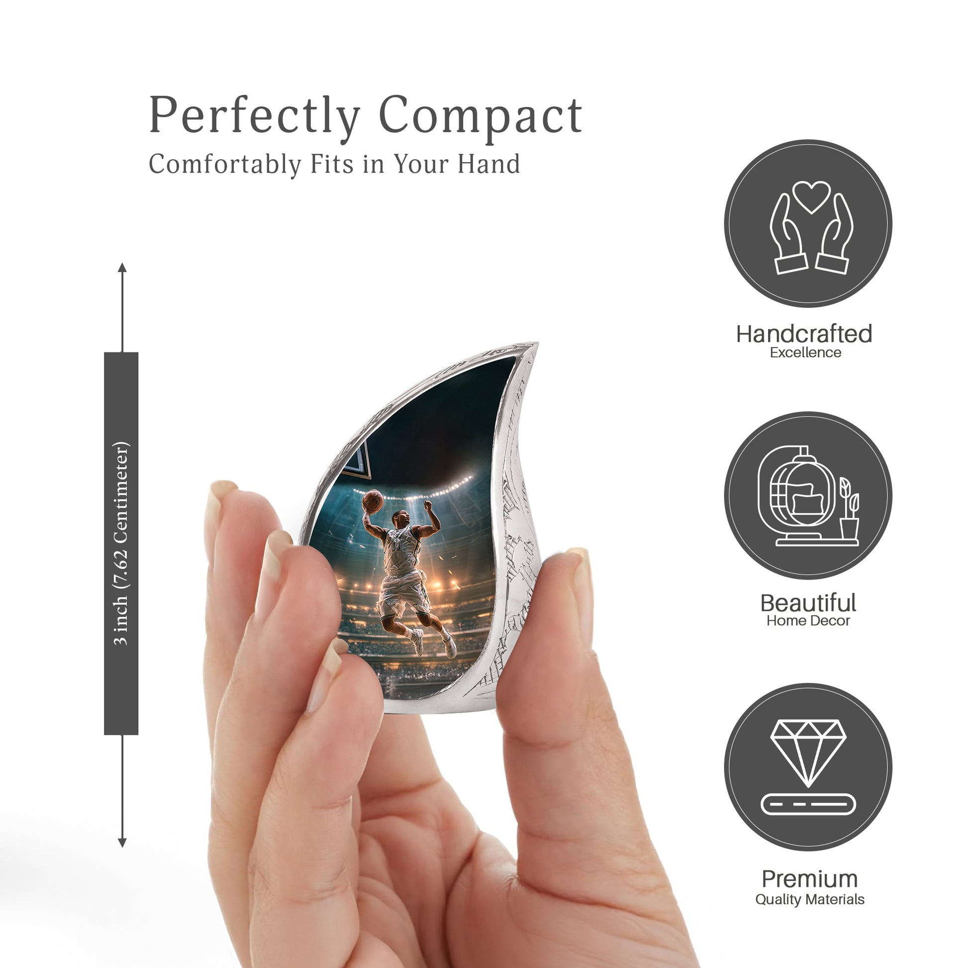 Tropical Teal Basketball Cremation Urn angled view of lid and engraved motif - smooth teardrop contour featuring basketball art - mini keepsake memorial for portion of cremation ashes