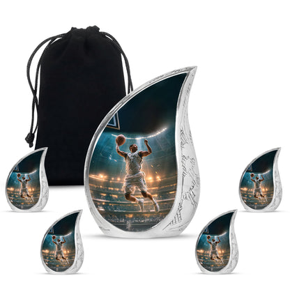 Ocean Teal Basketball Cremation Urn side profile showing urn shape - flowing teardrop basketball silhouette on curved aluminum - memorial set with one large and four small urns