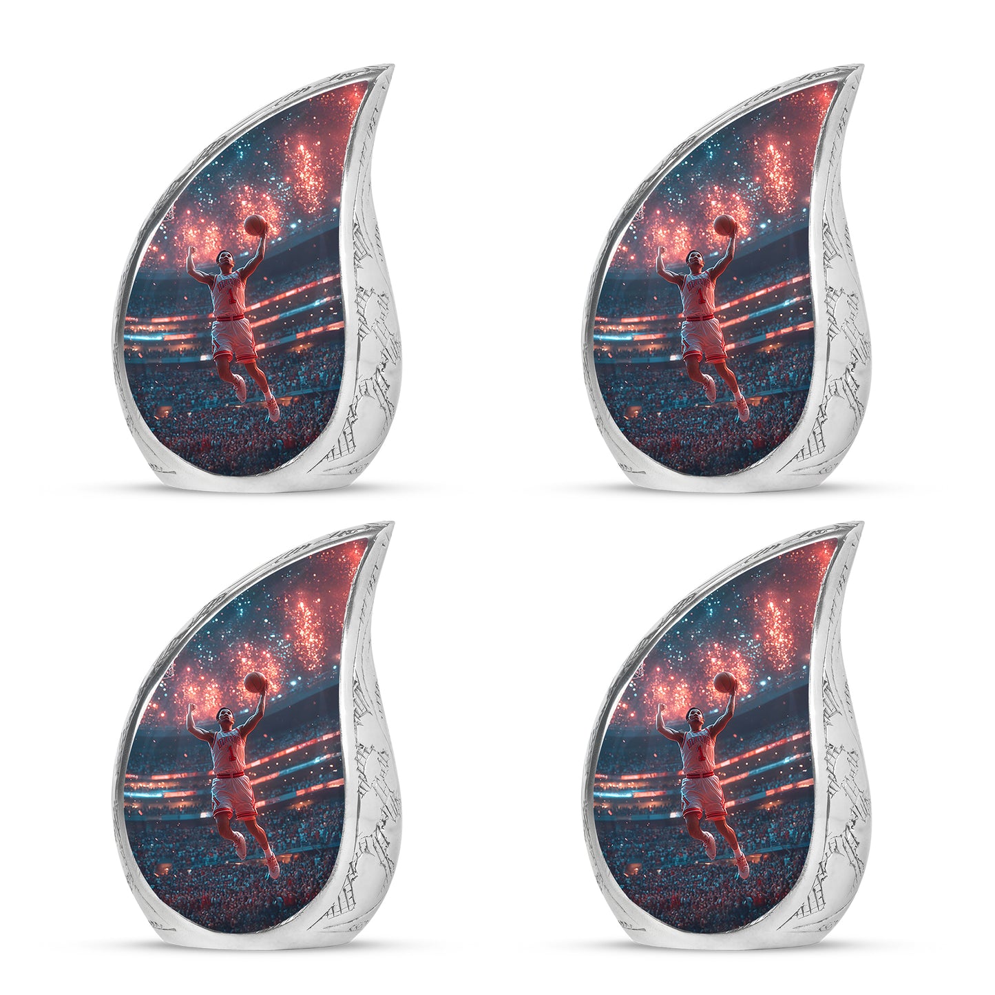 Indigo Basketball Cremation Urn close-up of engraving and surface detail - flowing teardrop basketball silhouette on curved aluminum - 10 inch aluminum urn for cremated remains