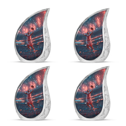Indigo Basketball Cremation Urn close-up of engraving and surface detail - flowing teardrop basketball silhouette on curved aluminum - 10 inch aluminum urn for cremated remains