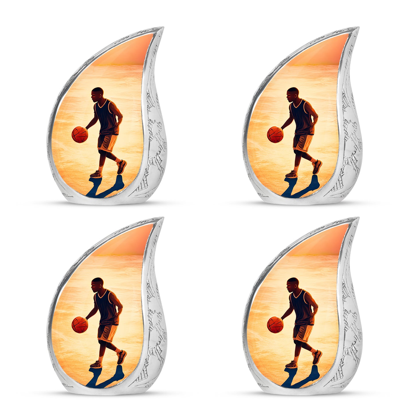 Harvest Gold Basketball Cremation Urn close-up of engraving and surface detail - graceful tear-shaped urn with basketball motif - 10 inch aluminum urn for cremated remains