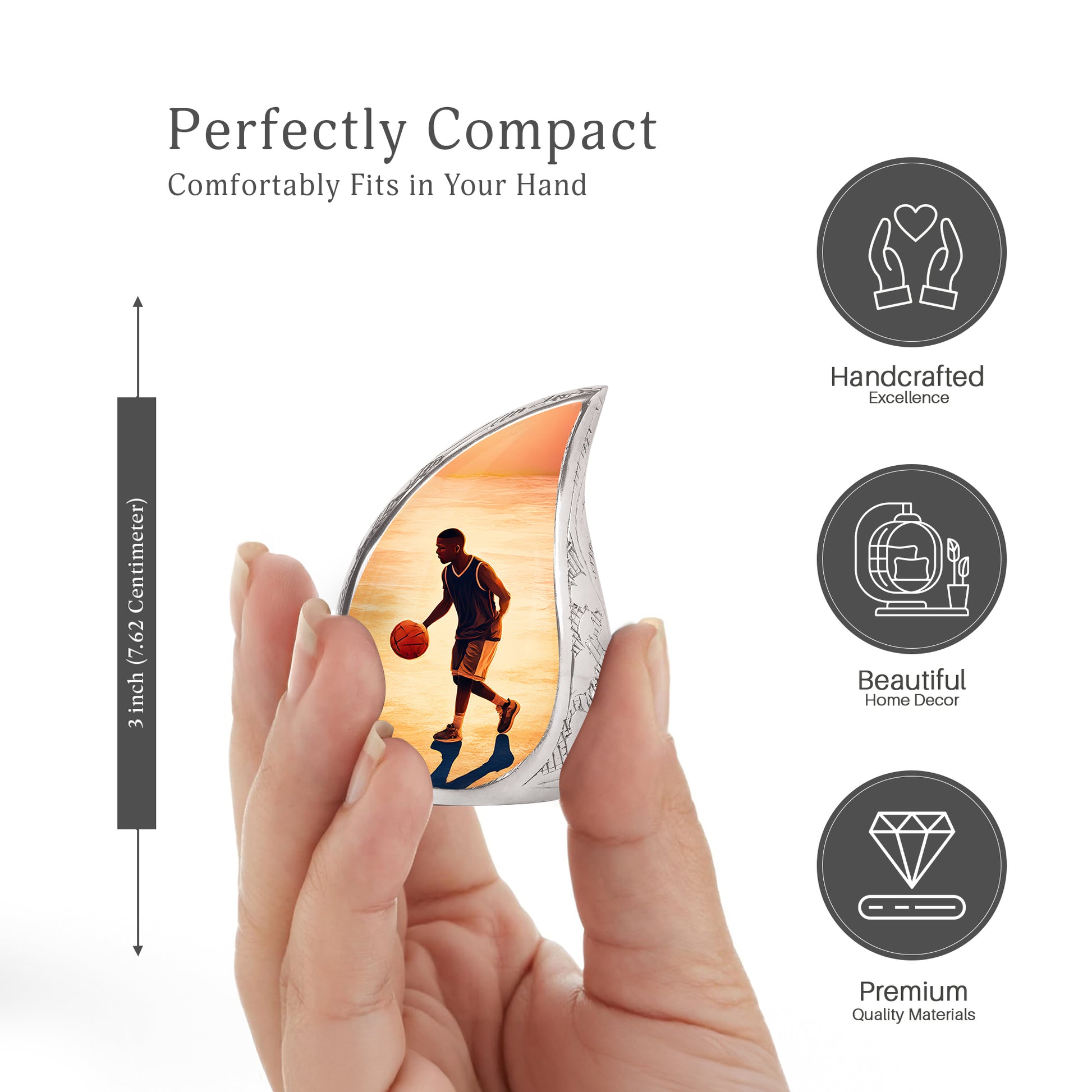 Amber Gold Basketball Cremation Urn angled view of lid and engraved motif - flowing teardrop basketball silhouette on curved aluminum - mini keepsake memorial for portion of cremation ashes