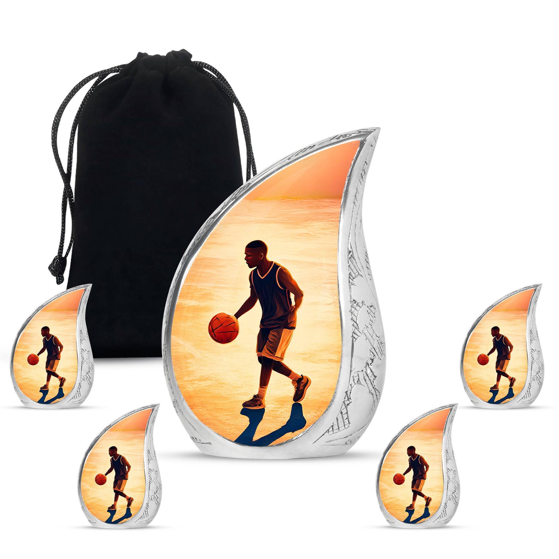 Royal Gold Basketball Cremation Urn side profile showing urn shape - smooth teardrop contour featuring basketball art - memorial set with one large and four small urns