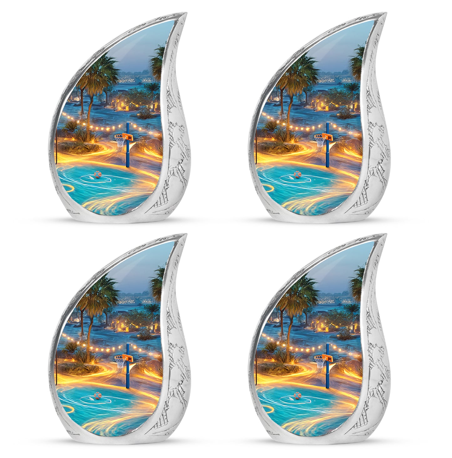 Slate Blue Basketball Cremation Urn close-up of engraving and surface detail - flowing teardrop basketball silhouette on curved aluminum - 10 inch aluminum urn for cremated remains