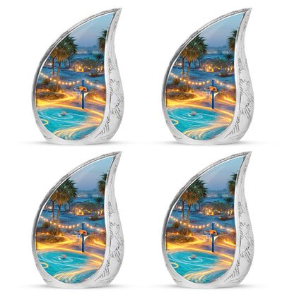 Slate Blue Basketball Cremation Urn close-up of engraving and surface detail - flowing teardrop basketball silhouette on curved aluminum - 10 inch aluminum urn for cremated remains