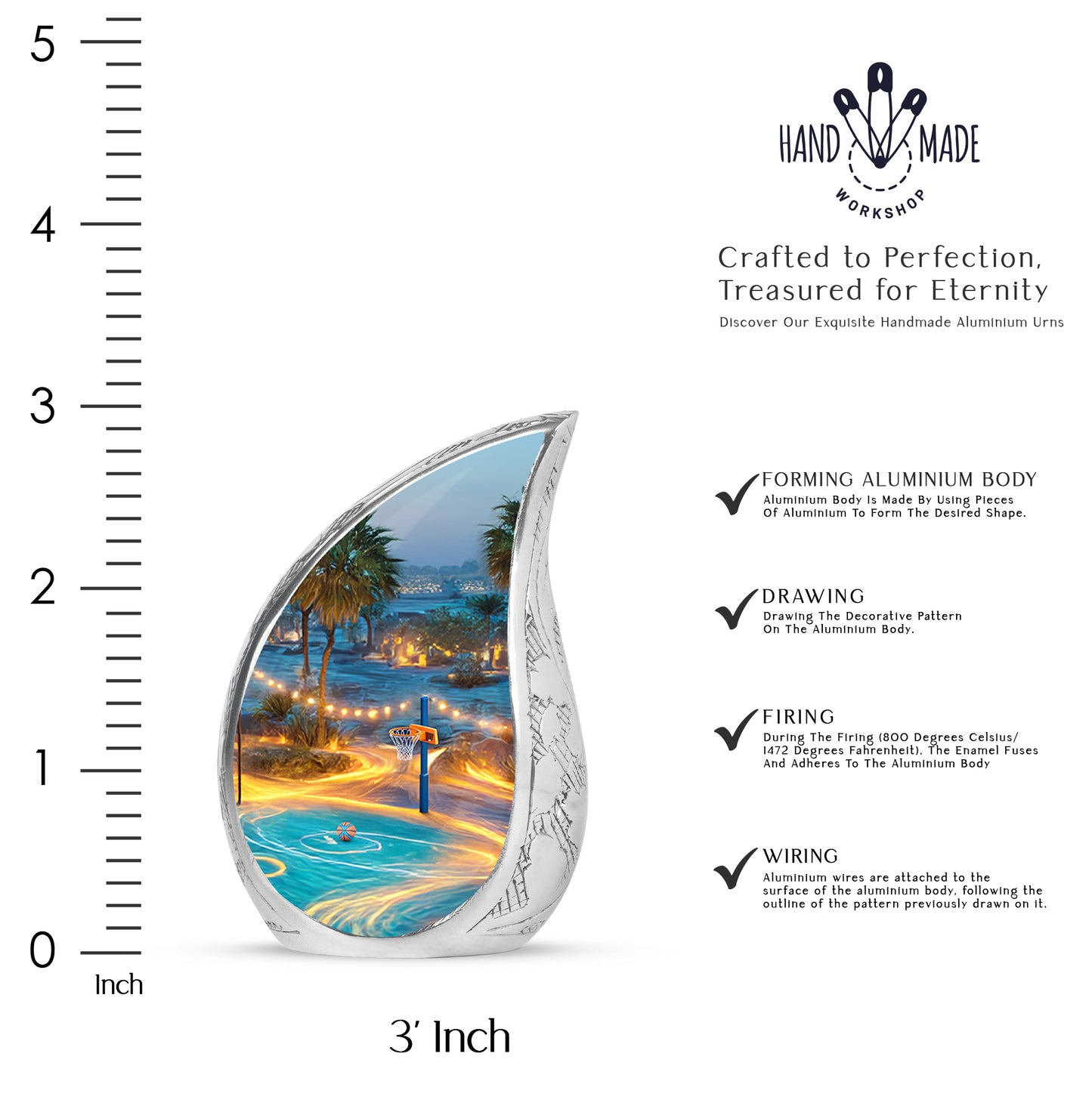 Royal Blue Basketball Cremation Urn angled view of lid and engraved motif - graceful tear-shaped urn with basketball motif - mini keepsake memorial for portion of cremation ashes