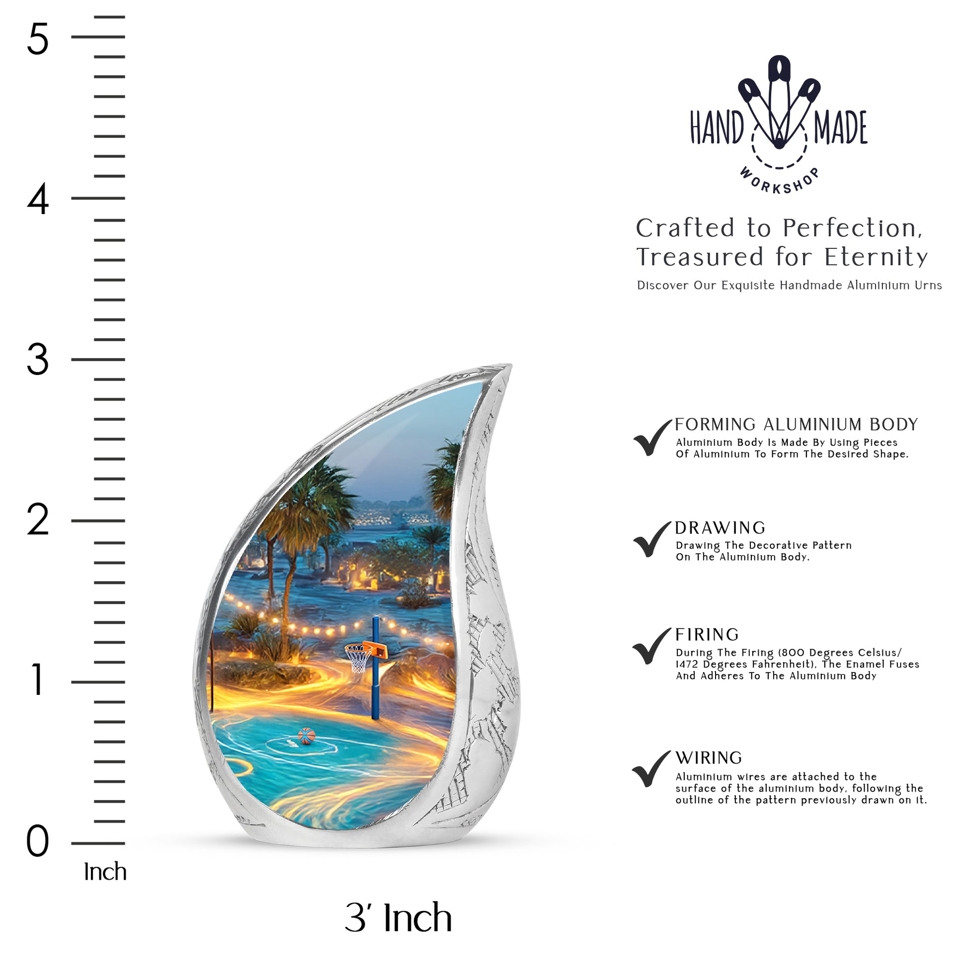 Royal Blue Basketball Cremation Urn angled view of lid and engraved motif - graceful tear-shaped urn with basketball motif - mini keepsake memorial for portion of cremation ashes