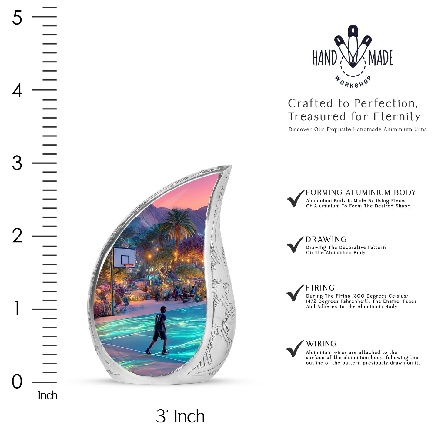 Soft Blue Basketball Cremation Urn angled view of lid and engraved motif - smooth teardrop contour featuring basketball art - mini keepsake memorial for portion of cremation ashes