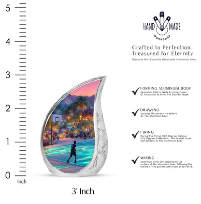 Soft Blue Basketball Cremation Urn angled view of lid and engraved motif - smooth teardrop contour featuring basketball art - mini keepsake memorial for portion of cremation ashes