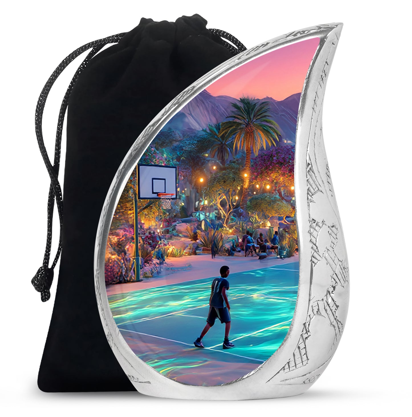 Cobalt Blue Basketball Cremation Urn front view showing detailed design - graceful tear-shaped urn with basketball motif - full-size 10 inch 200 cubic inch adult cremation urn