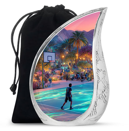 Cobalt Blue Basketball Cremation Urn front view showing detailed design - graceful tear-shaped urn with basketball motif - full-size 10 inch 200 cubic inch adult cremation urn