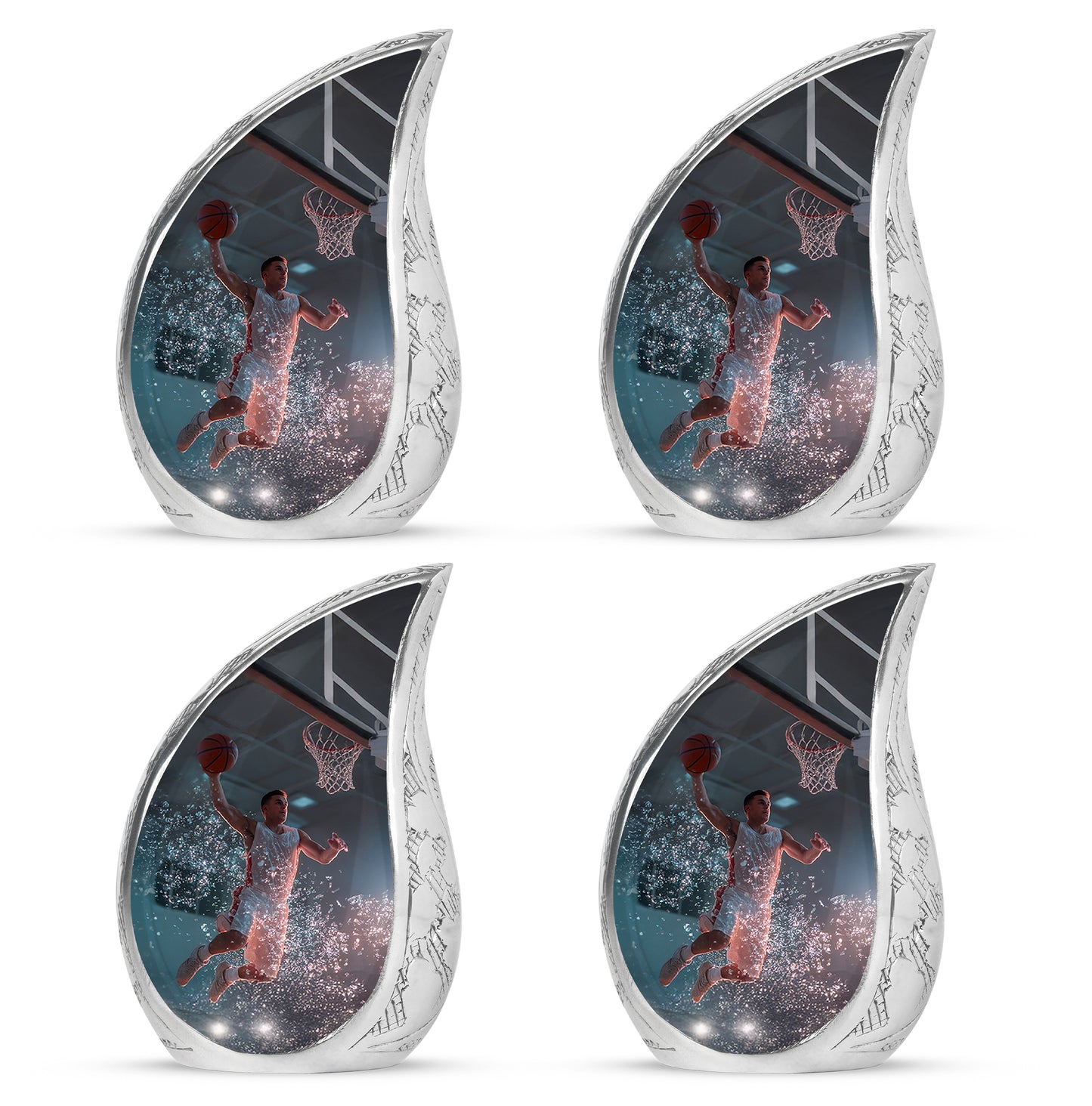 Jet Black Basketball Cremation Urn close-up of engraving and surface detail - flowing teardrop basketball silhouette on curved aluminum - 10 inch aluminum urn for cremated remains
