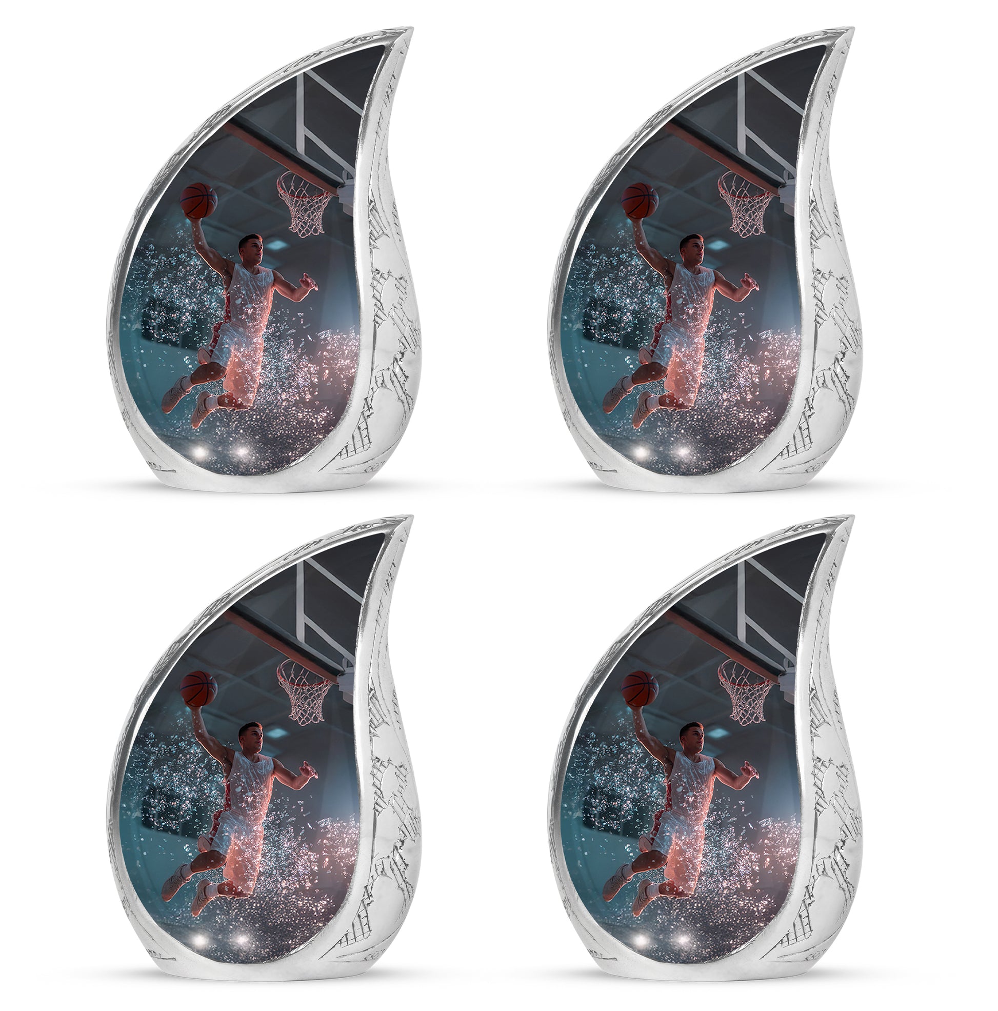 Jet Black Basketball Cremation Urn close-up of engraving and surface detail - flowing teardrop basketball silhouette on curved aluminum - 10 inch aluminum urn for cremated remains