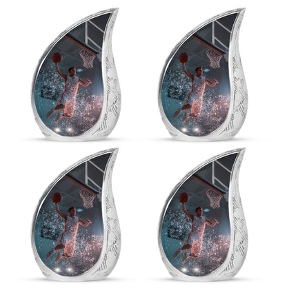 Jet Black Basketball Cremation Urn close-up of engraving and surface detail - flowing teardrop basketball silhouette on curved aluminum - 10 inch aluminum urn for cremated remains