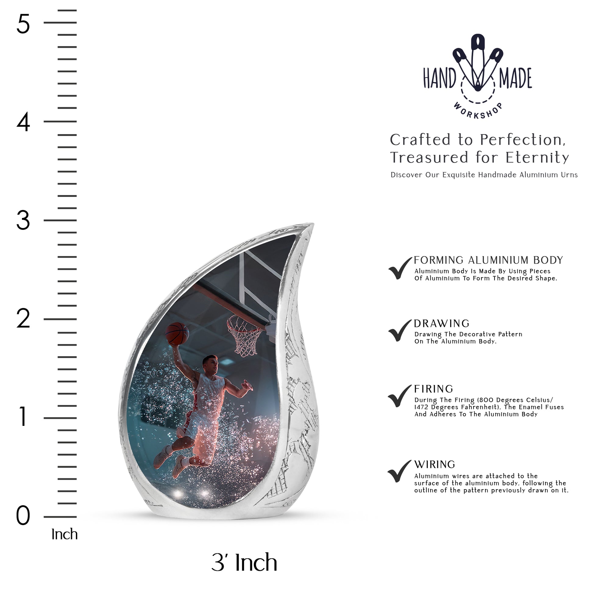 Onyx Black Basketball Cremation Urn angled view of lid and engraved motif - graceful tear-shaped urn with basketball motif - mini keepsake memorial for portion of cremation ashes