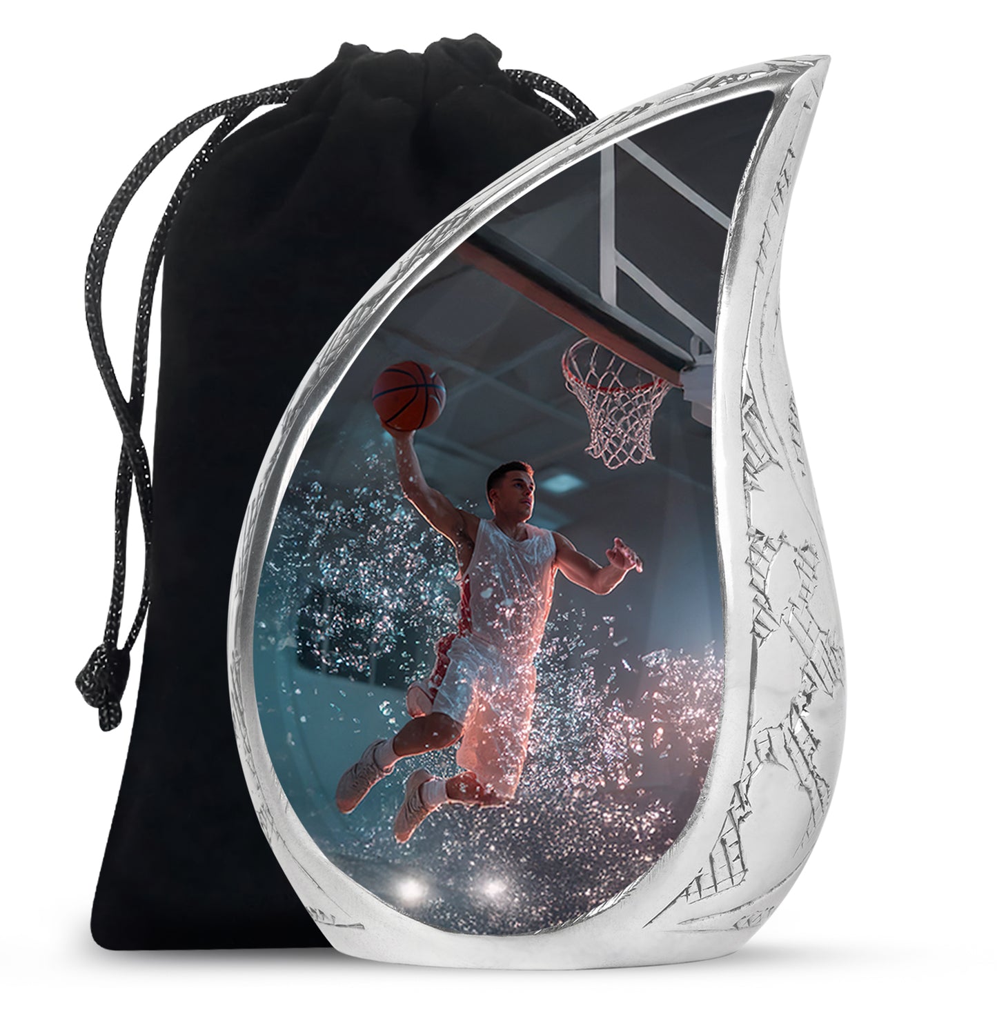 Onyx Black Basketball Cremation Urn front view showing detailed design - graceful tear-shaped urn with basketball motif - full-size 10 inch 200 cubic inch adult cremation urn