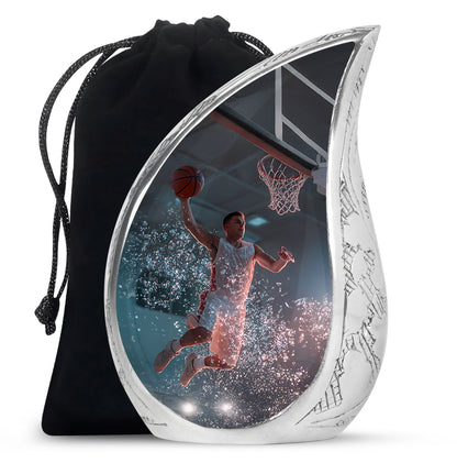 Onyx Black Basketball Cremation Urn front view showing detailed design - graceful tear-shaped urn with basketball motif - full-size 10 inch 200 cubic inch adult cremation urn