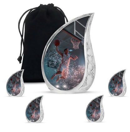 Charcoal Black Basketball Cremation Urn side profile showing urn shape - graceful tear-shaped urn with basketball motif - memorial set with one large and four small urns