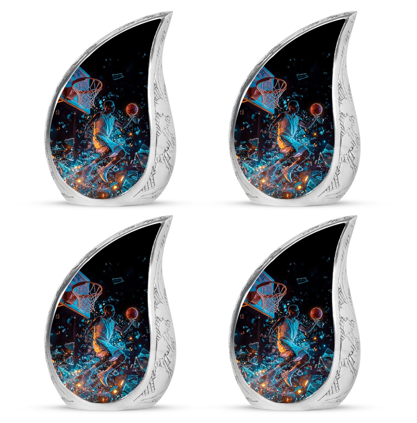Jet Black Basketball Cremation Urn close-up of engraving and surface detail - rounded teardrop basketball design with delicate detail - 10 inch aluminum urn for cremated remains