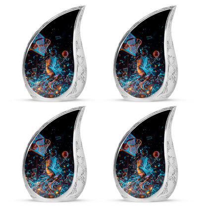 Jet Black Basketball Cremation Urn close-up of engraving and surface detail - rounded teardrop basketball design with delicate detail - 10 inch aluminum urn for cremated remains