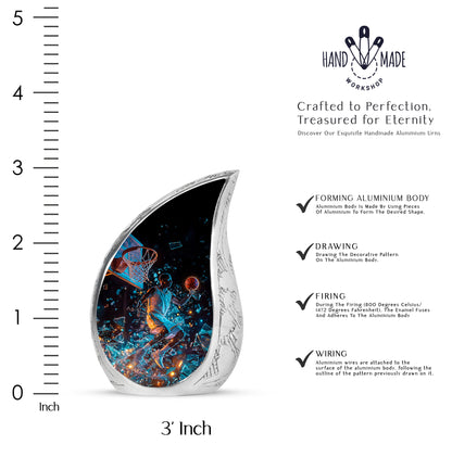 Rich Black Basketball Cremation Urn angled view of lid and engraved motif - flowing teardrop basketball silhouette on curved aluminum - mini keepsake memorial for portion of cremation ashes