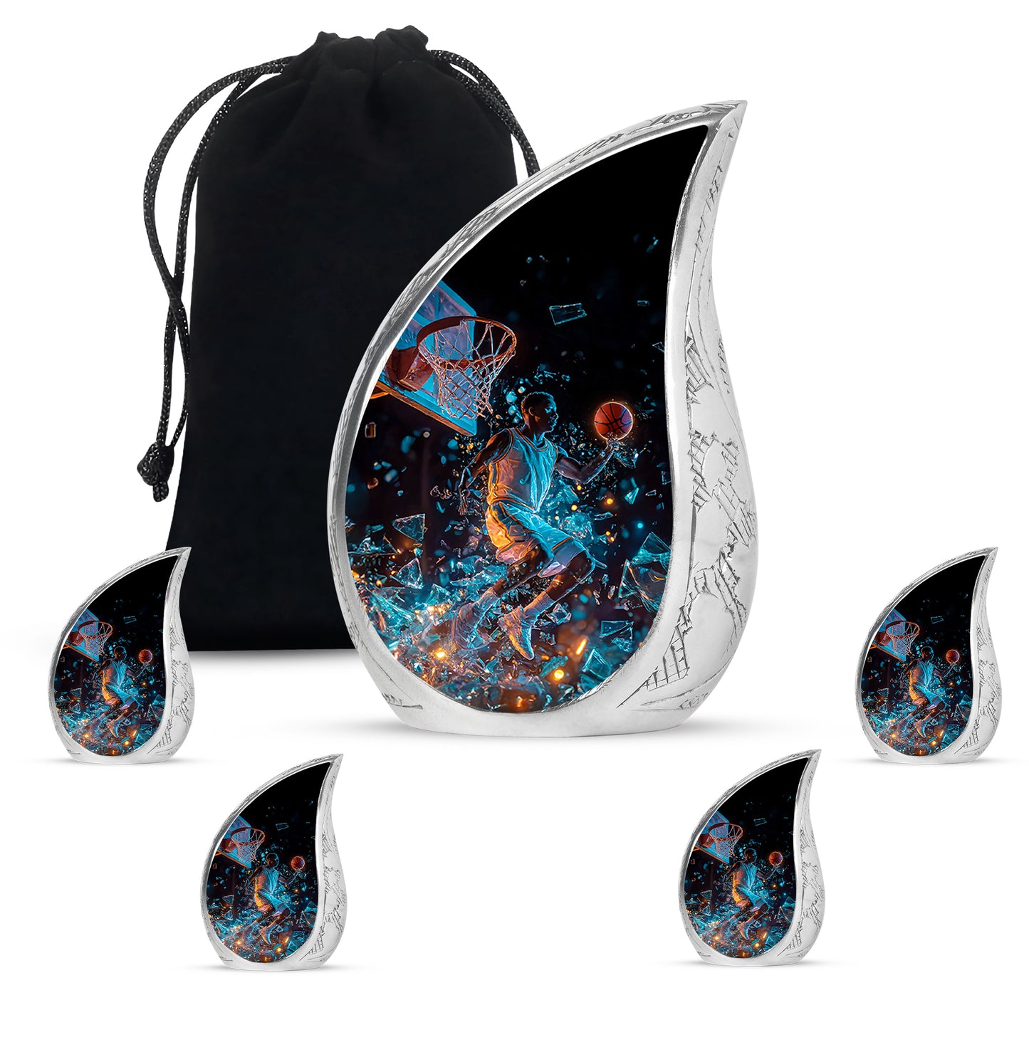 Jet Black Basketball Cremation Urn side profile showing urn shape - flowing teardrop basketball silhouette on curved aluminum - memorial set with one large and four small urns