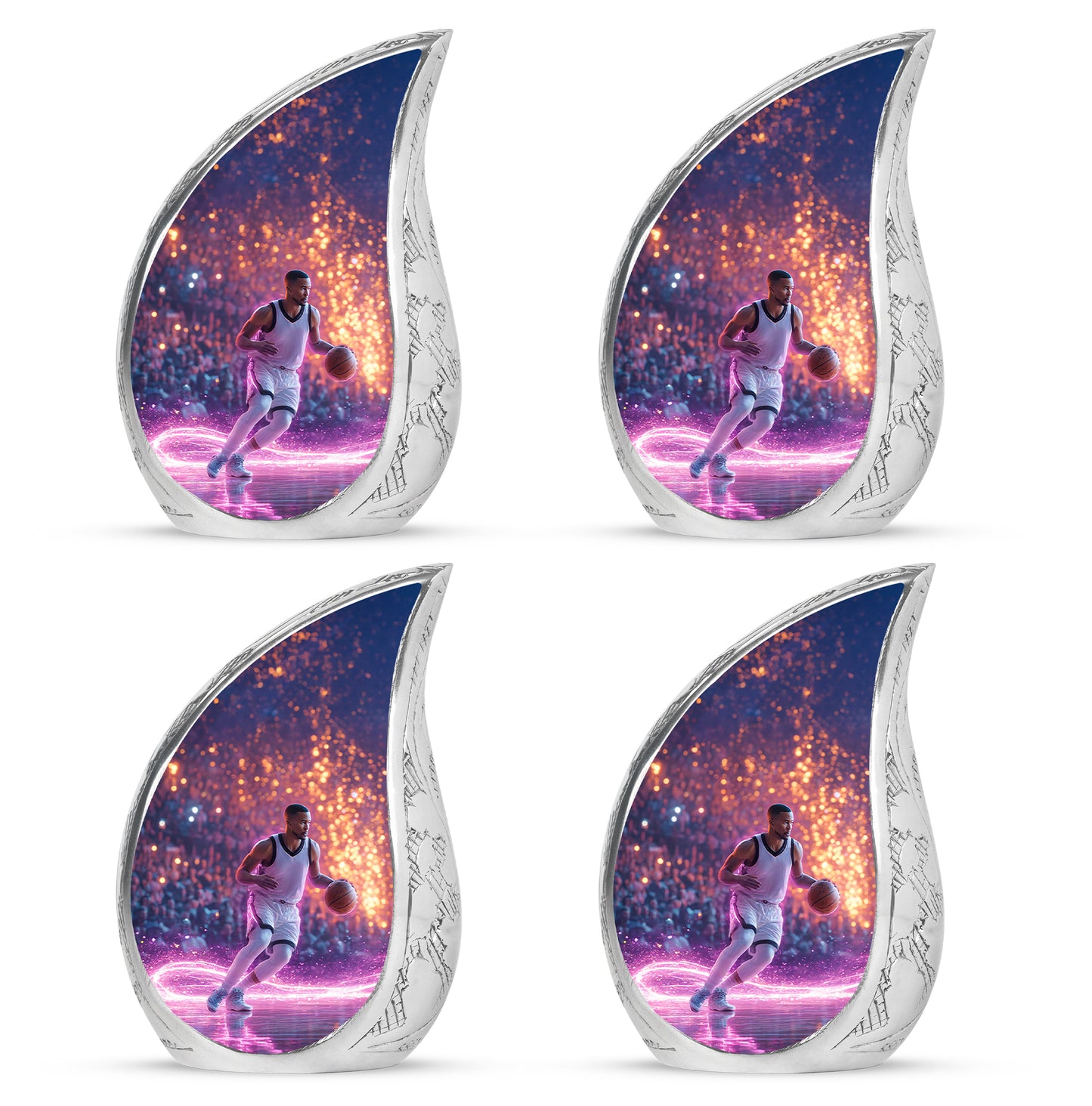 Sapphire Blue Basketball Cremation Urn close-up of engraving and surface detail - smooth teardrop contour featuring basketball art - 10 inch aluminum urn for cremated remains