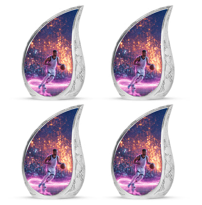Sapphire Blue Basketball Cremation Urn close-up of engraving and surface detail - smooth teardrop contour featuring basketball art - 10 inch aluminum urn for cremated remains